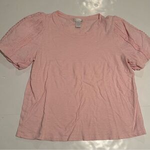 Lace Puff Sleeve Short Sleeve Tee in Light Pink